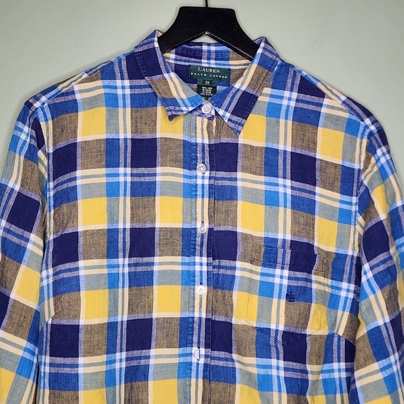 Lauren Ralph Lauren Tops - Lauren Ralph Lauren Linen Button Shirt Yellow Blue Paid Roll Tab Preppy 2X
